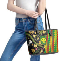 Hawaiian Tropical Plants Lei Leather Tote Bag Kanaka Maoli Tribal with Palaka Motifs LT03 - Polynesian Pride
