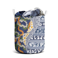 Hawaiian Plumeria Lei Laundry Basket Kakau Motifs and Palaka Half Style Blue Color LT03 - Polynesian Pride