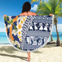 Hawaiian Plumeria Lei Beach Blanket Kakau Motifs and Palaka Half Style Blue Color LT03 - Polynesian Pride