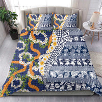 Hawaiian Plumeria Lei Bedding Set Kakau Motifs and Palaka Half Style Blue Color LT03 - Polynesian Pride