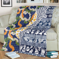 Hawaiian Plumeria Lei Blanket Kakau Motifs and Palaka Half Style Blue Color LT03 - Polynesian Pride