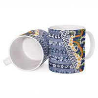Hawaiian Plumeria Lei Ceramic Mug Kakau Motifs and Palaka Half Style Blue Color LT03 - Polynesian Pride