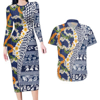 Hawaiian Plumeria Lei Couples Matching Long Sleeve Bodycon Dress and Hawaiian Shirt Kakau Motifs and Palaka Half Style Blue Color - Polynesian Pride