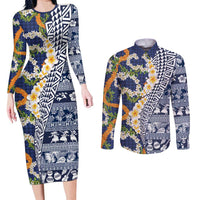 Hawaiian Plumeria Lei Couples Matching Long Sleeve Bodycon Dress and Long Sleeve Button Shirt Kakau Motifs and Palaka Half Style Blue Color LT03 Blue - Polynesian Pride