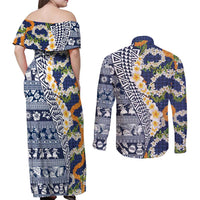 Hawaiian Plumeria Lei Couples Matching Off Shoulder Maxi Dress and Long Sleeve Button Shirt Kakau Motifs and Palaka Half Style Blue Color - Polynesian Pride