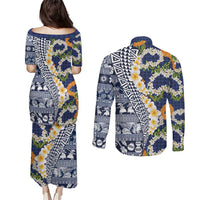 Hawaiian Plumeria Lei Couples Matching Puletasi and Long Sleeve Button Shirt Kakau Motifs and Palaka Half Style Blue Color - Polynesian Pride