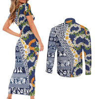 Hawaiian Plumeria Lei Couples Matching Short Sleeve Bodycon Dress and Long Sleeve Button Shirt Kakau Motifs and Palaka Half Style Blue Color LT03 - Polynesian Pride