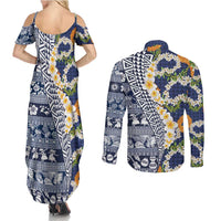 Hawaiian Plumeria Lei Couples Matching Summer Maxi Dress and Long Sleeve Button Shirt Kakau Motifs and Palaka Half Style Blue Color LT03 - Polynesian Pride