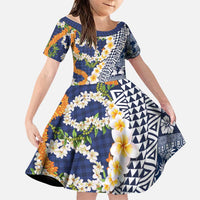 Hawaiian Plumeria Lei Family Matching Tank Maxi Dress and Hawaiian Shirt Kakau Motifs and Palaka Half Style Blue Color LT03 Daughter's Dress Blue - Polynesian Pride