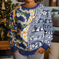 Hawaiian Plumeria Lei Kid Ugly Christmas Sweater Kakau Motifs and Palaka Half Style Blue Color - Polynesian Pride