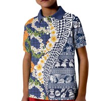 Hawaiian Plumeria Lei Kid Polo Shirt Kakau Motifs and Palaka Half Style Blue Color LT03 Kid Blue - Polynesian Pride