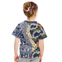 Hawaiian Plumeria Lei Kid T Shirt Kakau Motifs and Palaka Half Style Blue Color LT03 - Polynesian Pride
