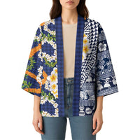 Hawaiian Plumeria Lei Kimono Kakau Motifs and Palaka Half Style Blue Color LT03 - Polynesian Pride