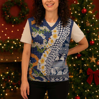 Hawaiian Plumeria Lei Christmas Knitted V-Neck Vest Kakau Motifs and Palaka Half Style Blue Color - Polynesian Pride