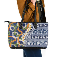 Hawaiian Plumeria Lei Leather Tote Bag Kakau Motifs and Palaka Half Style Blue Color - Polynesian Pride