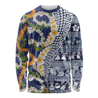 Hawaiian Plumeria Lei Long Sleeve Shirt Kakau Motifs and Palaka Half Style Blue Color - Polynesian Pride