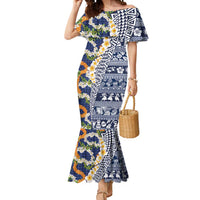 Hawaiian Plumeria Lei Mermaid Dress Kakau Motifs and Palaka Half Style Blue Color - Polynesian Pride
