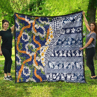 Hawaiian Plumeria Lei Quilt Kakau Motifs and Palaka Half Style Blue Color LT03 - Polynesian Pride