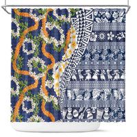Hawaiian Plumeria Lei Shower Curtain Kakau Motifs and Palaka Half Style Blue Color LT03 Blue - Polynesian Pride