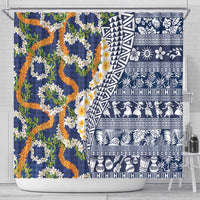 Hawaiian Plumeria Lei Shower Curtain Kakau Motifs and Palaka Half Style Blue Color LT03 - Polynesian Pride