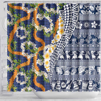 Hawaiian Plumeria Lei Shower Curtain Kakau Motifs and Palaka Half Style Blue Color LT03 - Polynesian Pride