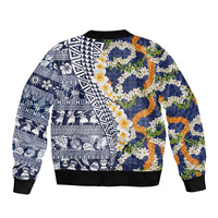 Hawaiian Plumeria Lei Sleeve Zip Bomber Jacket Kakau Motifs and Palaka Half Style Blue Color LT03 - Polynesian Pride