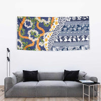 Hawaiian Plumeria Lei Tapestry Kakau Motifs and Palaka Half Style Blue Color LT03 - Polynesian Pride