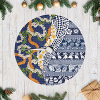 Hawaiian Plumeria Lei Tree Skirt Kakau Motifs and Palaka Half Style Blue Color - Polynesian Pride