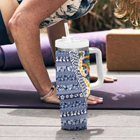 Hawaiian Plumeria Lei Tumbler With Handle Kakau Motifs and Palaka Half Style Blue Color LT03 - Polynesian Pride