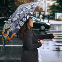 Hawaiian Plumeria Lei Umbrella Kakau Motifs and Palaka Half Style Blue Color LT03 - Polynesian Pride