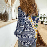 Hawaiian Plumeria Lei Women Casual Shirt Kakau Motifs and Palaka Half Style Blue Color - Polynesian Pride
