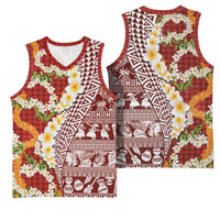 Hawaiian Plumeria Lei Basketball Jersey Kakau Motifs and Palaka Half Style Red Color LT03 - Polynesian Pride