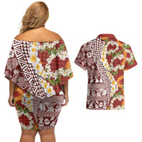 Hawaiian Plumeria Lei Couples Matching Off Shoulder Short Dress and Hawaiian Shirt Kakau Motifs and Palaka Half Style Red Color - Polynesian Pride