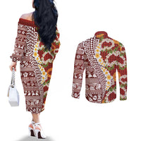 Hawaiian Plumeria Lei Couples Matching Off The Shoulder Long Sleeve Dress and Long Sleeve Button Shirt Kakau Motifs and Palaka Half Style Red Color - Polynesian Pride