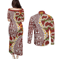 Hawaiian Plumeria Lei Couples Matching Puletasi and Long Sleeve Button Shirt Kakau Motifs and Palaka Half Style Red Color - Polynesian Pride