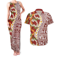 Hawaiian Plumeria Lei Couples Matching Tank Maxi Dress and Hawaiian Shirt Kakau Motifs and Palaka Half Style Red Color - Polynesian Pride