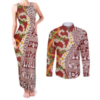 Hawaiian Plumeria Lei Couples Matching Tank Maxi Dress and Long Sleeve Button Shirt Kakau Motifs and Palaka Half Style Red Color - Polynesian Pride