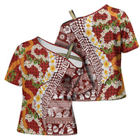 Hawaiian Plumeria Lei Cross Shoulder Shirt Kakau Motifs and Palaka Half Style Red Color - Polynesian Pride