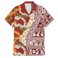 Hawaiian Plumeria Lei Family Matching Mermaid Dress and Hawaiian Shirt Kakau Motifs and Palaka Half Style Red Color - Polynesian Pride