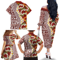 Hawaiian Plumeria Lei Family Matching Off The Shoulder Long Sleeve Dress and Hawaiian Shirt Kakau Motifs and Palaka Half Style Red Color - Polynesian Pride