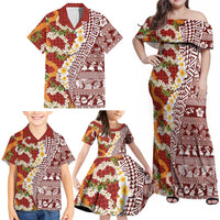 Hawaiian Plumeria Lei Family Matching Off Shoulder Maxi Dress and Hawaiian Shirt Kakau Motifs and Palaka Half Style Red Color - Polynesian Pride