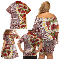 Hawaiian Plumeria Lei Family Matching Off Shoulder Short Dress and Hawaiian Shirt Kakau Motifs and Palaka Half Style Red Color - Polynesian Pride