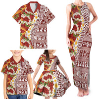 Hawaiian Plumeria Lei Family Matching Tank Maxi Dress and Hawaiian Shirt Kakau Motifs and Palaka Half Style Red Color - Polynesian Pride