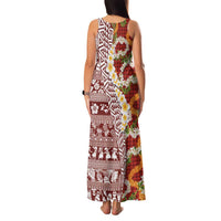 Hawaiian Plumeria Lei Family Matching Tank Maxi Dress and Hawaiian Shirt Kakau Motifs and Palaka Half Style Red Color - Polynesian Pride