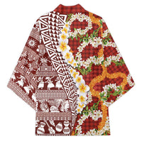Hawaiian Plumeria Lei Kimono Kakau Motifs and Palaka Half Style Red Color LT03 - Polynesian Pride