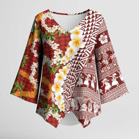 Hawaiian Plumeria Lei Kimono Sleeve Blouse Kakau Motifs and Palaka Half Style Red Color - Polynesian Pride