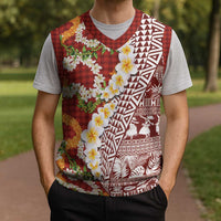 Hawaiian Plumeria Lei Christmas Knitted V-Neck Vest Kakau Motifs and Palaka Half Style Red Color - Polynesian Pride