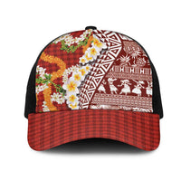 Hawaiian Plumeria Lei Mesh Trucker Cap Kakau Motifs and Palaka Half Style Red Color - Polynesian Pride