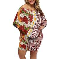 Hawaiian Plumeria Lei Off Shoulder Short Dress Kakau Motifs and Palaka Half Style Red Color LT03 Women Red - Polynesian Pride