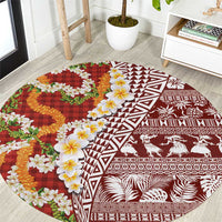 Hawaiian Plumeria Lei Round Carpet Kakau Motifs and Palaka Half Style Red Color LT03 Red - Polynesian Pride